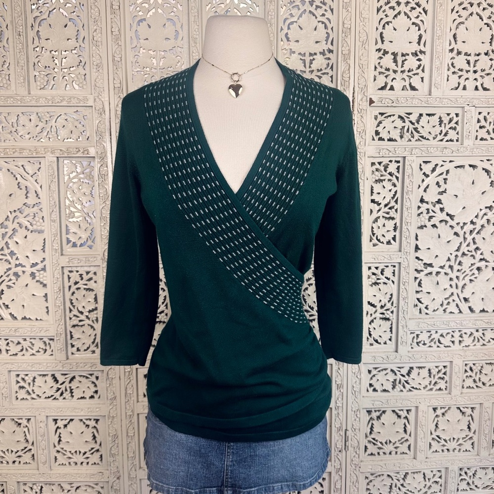 The Limited Emerald Green Ribbed 3/4 Sleeve Faux Wrap Blouse Sz XS‎